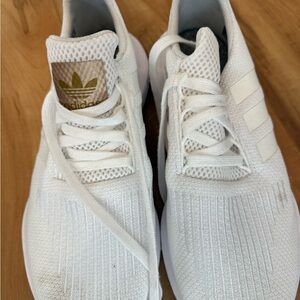 adidas White Knit Sneakers with Gold Trefoil Accent